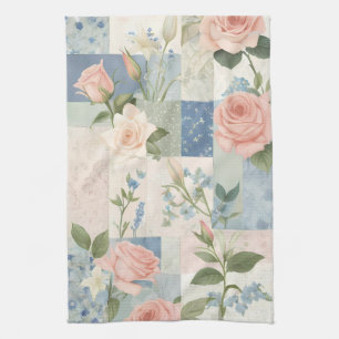 Soft Delicate Floral Pink And Blue Patchwork Kitchen Towel