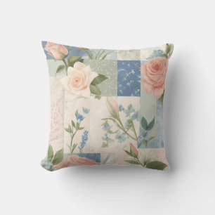 Soft Delicate Floral Pink And Blue Patchwork Throw Pillow