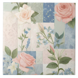Soft Delicate Floral Pink And Blue Patchwork Tile