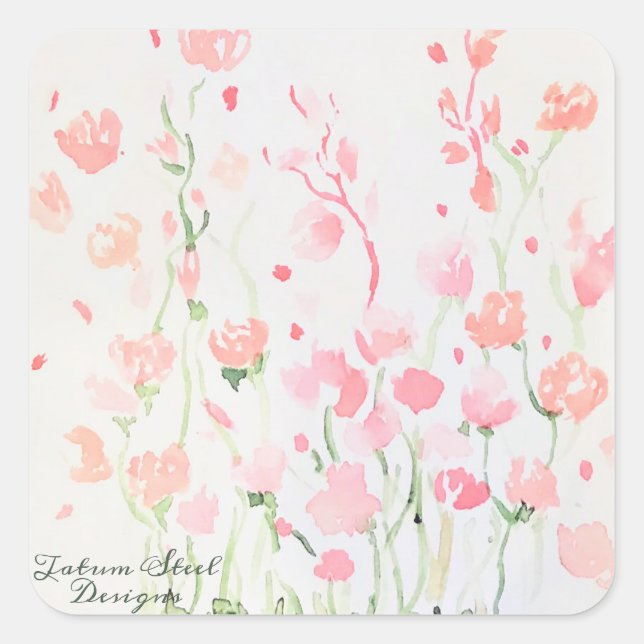 Soft Delicate Pink and Green Watercolor Flowers Square Sticker (Front)