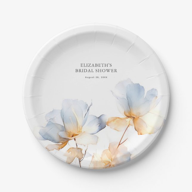 Soft Dusty Blue and Gold Flowers Elegant Paper Plate (Front)