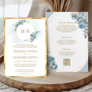 Soft Dusty Blue Floral Gold All in One Wedding Invitation