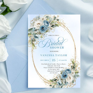 Soft Dusty Blue Floral Script Bridal Shower Invite
