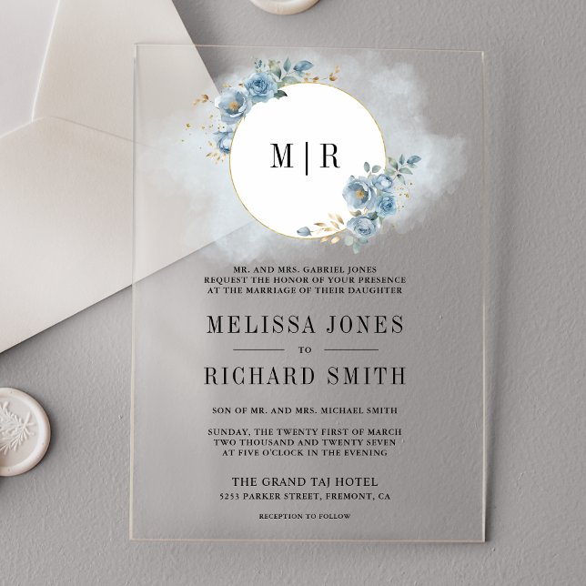 Soft Dusty Blue Floral Wedding Acrylic Invitations (Creator Uploaded)