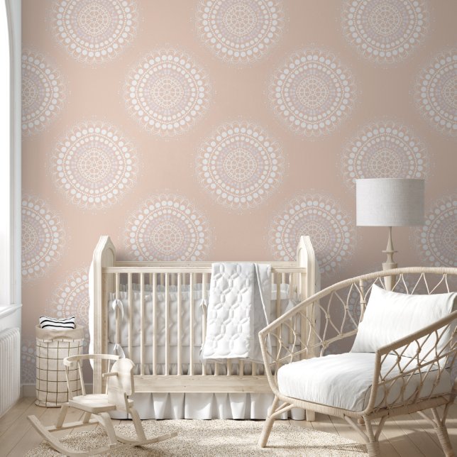 Soft dusty peach circular delicate lace pattern wallpaper (Kids)