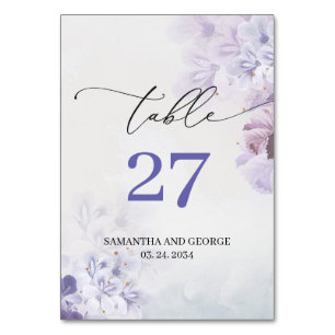 Soft dusty purple blue lilac violet flowers boho table number