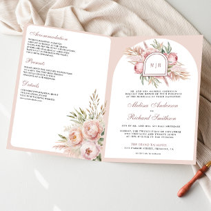 Soft Dusty Rose Pink Floral Pampas QR Code Wedding Invitation