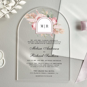 Soft Dusty Rose Pink Floral Pampas Wedding Acrylic Invitations