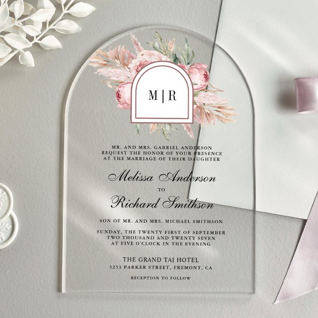 Soft Dusty Rose Pink Floral Pampas Wedding Acrylic Invitations (Creator Uploaded)