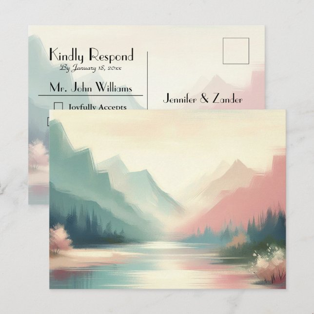 Soft Echoes of the Mountains Wedding RSVP Postcard (Front/Back)