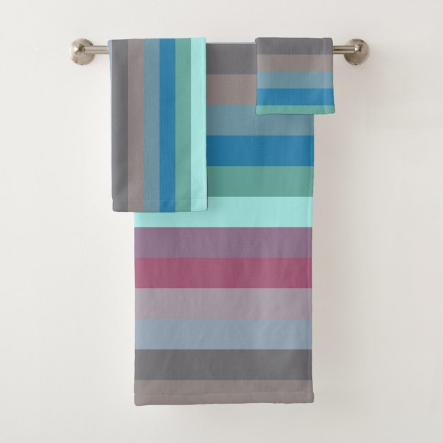 Soft Eclectic Muted Pastel & Jewel Stripe Pattern Bath Towel Set (Insitu)