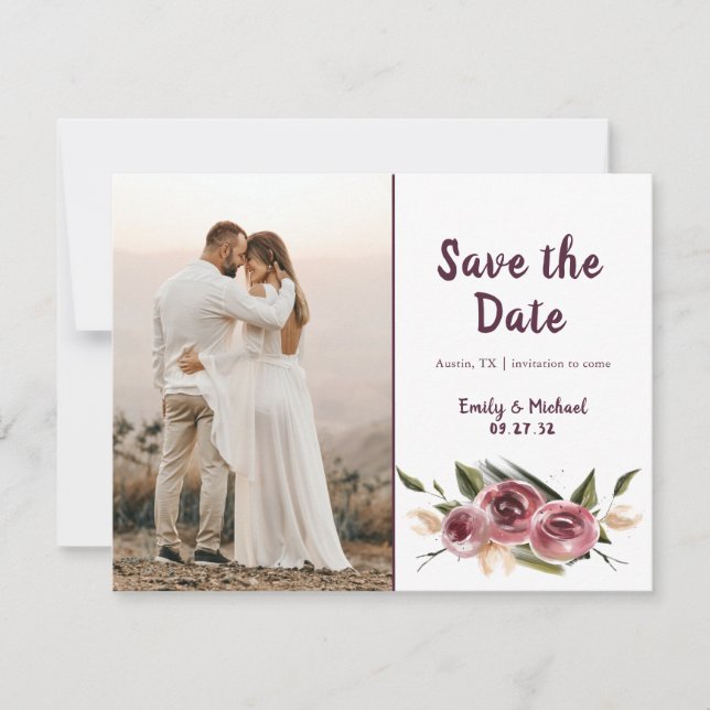 Soft Elegant Roses Burgundy Cream Frame Save The Date (Front)