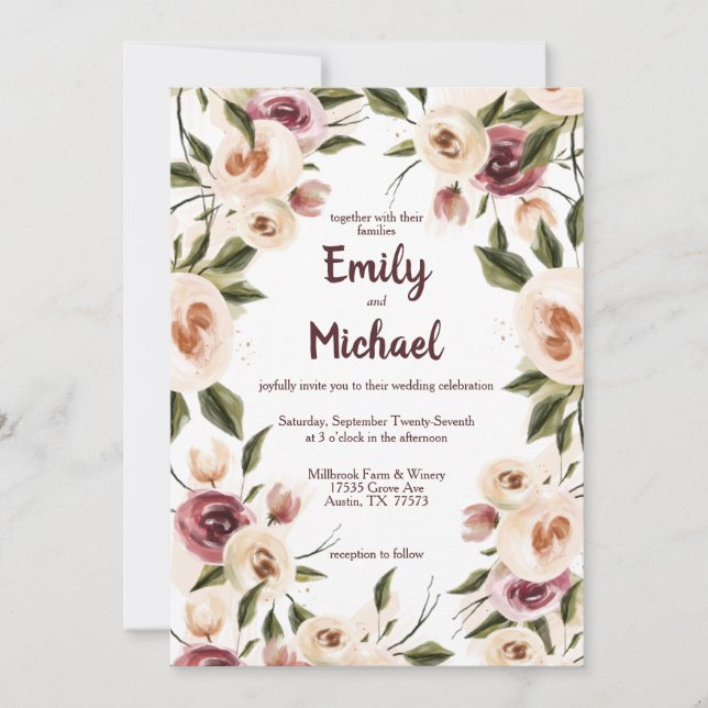Soft Elegant Roses Burgundy Cream Frame Wedding Invitation (Front)