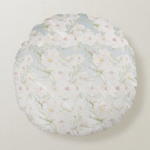 Soft Elegant White Floral Pattern Round Pillow