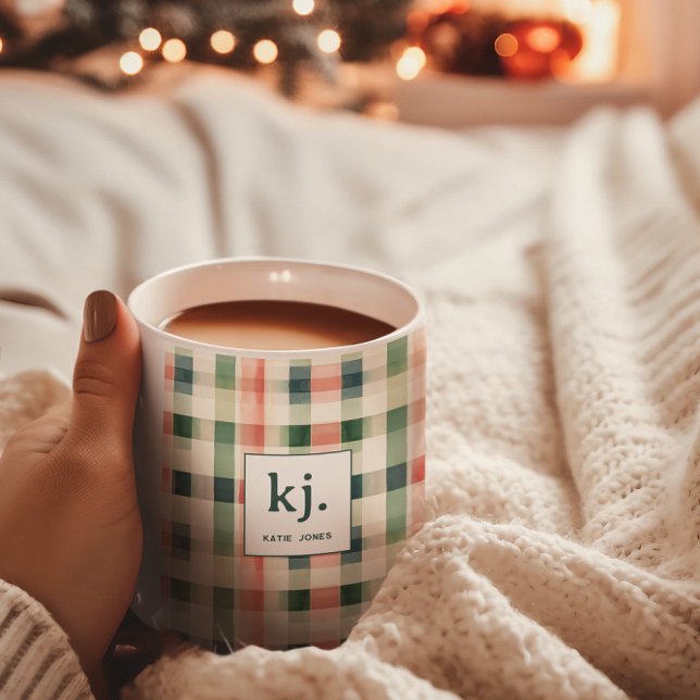 Soft Evergreen Gingham Monogram Coffee Mug (Creator Uploaded)