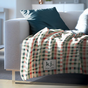Soft Evergreen Gingham Monogram Fleece Blanket