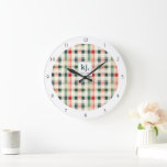 Soft Evergreen Gingham Monogram Large Clock<br><div class="desc">Elevate your home décor with a touch of timeless charm using the Soft Evergreen Gingham Monogram Large Clock. Featuring a classic gingham pattern in soft shades of evergreen, red, and cream, this stylish clock perfectly balances rustic elegance with modern flair. The customizable monogram at the centre allows you to add...</div>