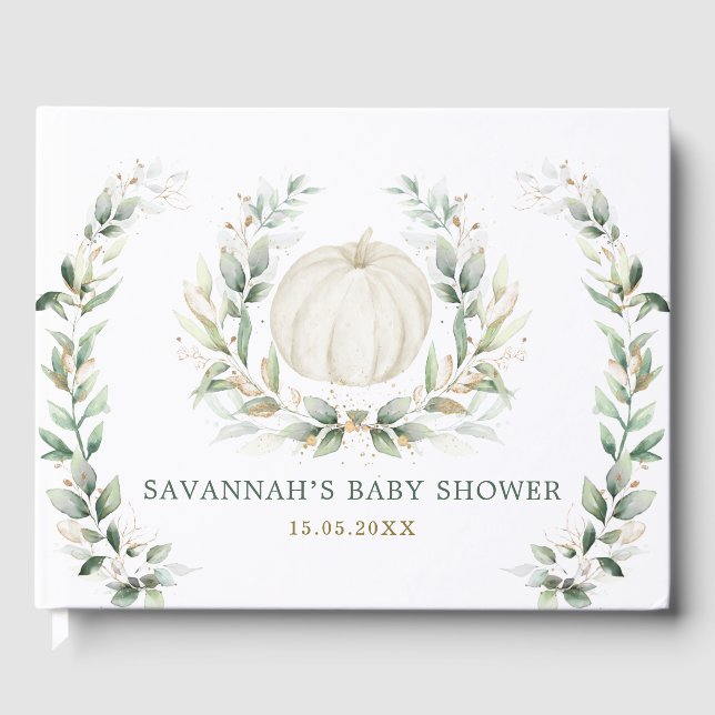 Soft Fall Pumpkin Greenery Gold Neutral Baby Guest Book (Front)