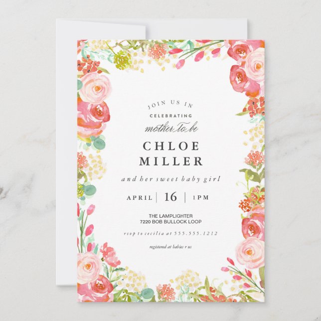 SOFT FLORAL baby shower invitation white (Front)