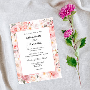 Soft Floral Blush Pink Leafy Wedding  Invitation