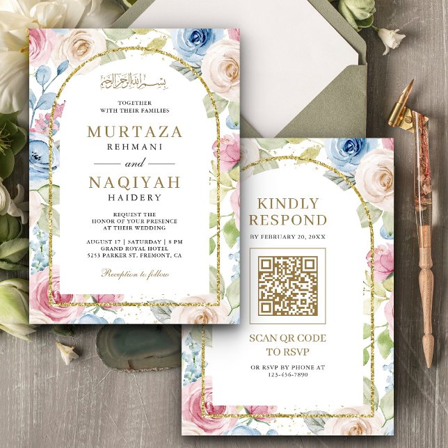 Soft Floral Gold Arch QR Code Muslim Wedding Invitation (Creator Uploaded)