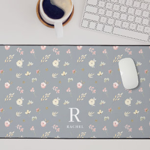 Soft Floral Neutral Grey Custom Initial Monogram Desk Mat