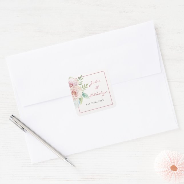 Soft Floral Romantic Greenery Pink Mauve Wedding R Square Sticker (Envelope)