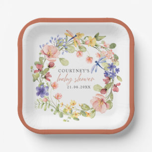 Soft Flowers  Dragonflies Boho Chic Baby Shower Paper Plate