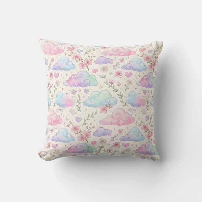 Soft Girl Cloud Pattern Pastel Watercolor Throw Pillow (Front)