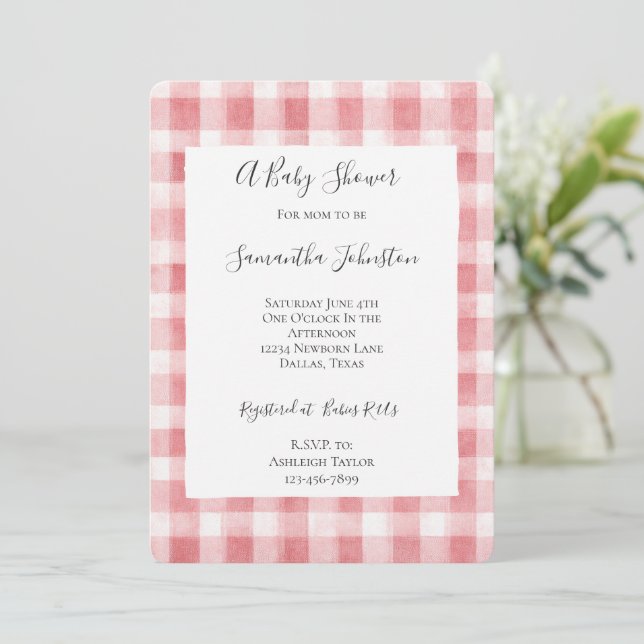 Soft Girly Pink White Plaid Stripes Baby Shower Invitation (Standing Front)