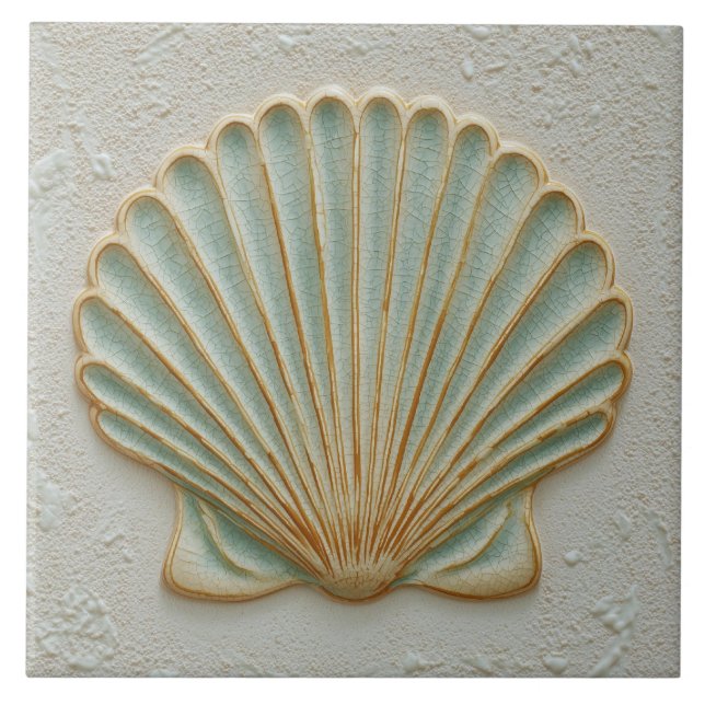 Soft Gold and Aqua Coastal Scallop Shell Tile (Front)