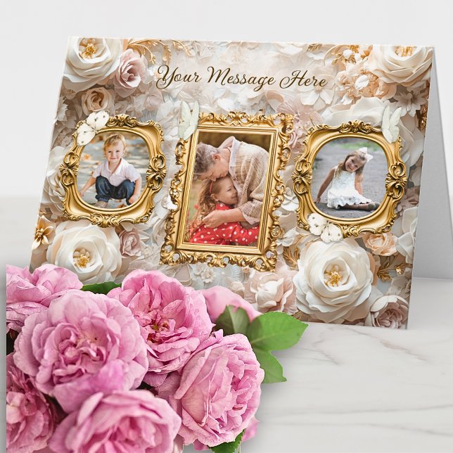 Soft Gold Baroque Floral Photo Frames Collage Holiday Card (Creator Uploaded)