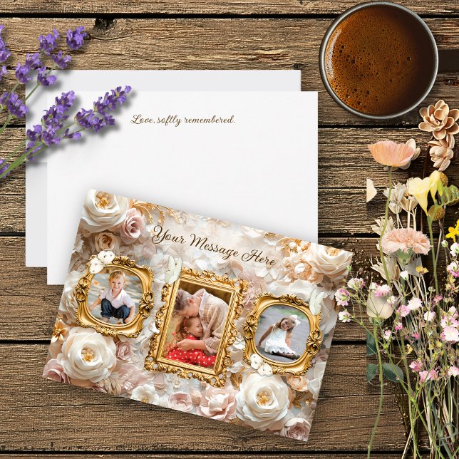 Soft Gold Baroque Floral Photo Frames Collage Holiday Card (Creator Uploaded)