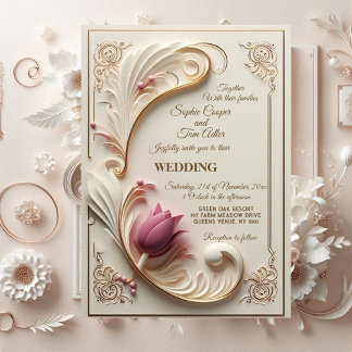 Soft Gold Baroque Grandeur with Tulip Floral Swirl Invitation