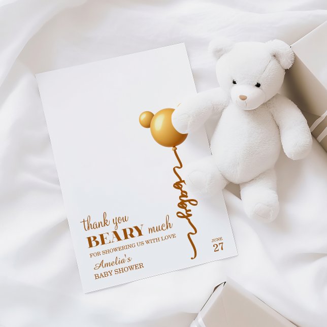 Soft Gold Bear Balloon Beary Thanks Neutral Thank You Card (Creator Uploaded)