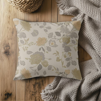 Soft Gold Beige Peach Grey Modern Farmhouse Floral Throw Pillow
