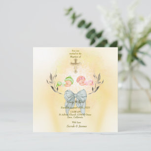 Soft gold cross Baptism flat invitation