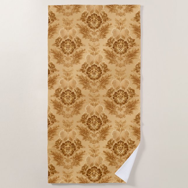 Soft Gold Damask Floral Beach Towel (Front)