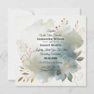Soft Golden Dusty Blue Romance Wedding Invitation