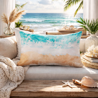 Soft Gradient Coastal Sandy Beach Teal Ocean Waves Lumbar Pillow