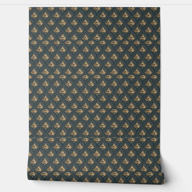 Soft Green and Gold Fan Shell Art Deco Wallpaper  (Unrolling)