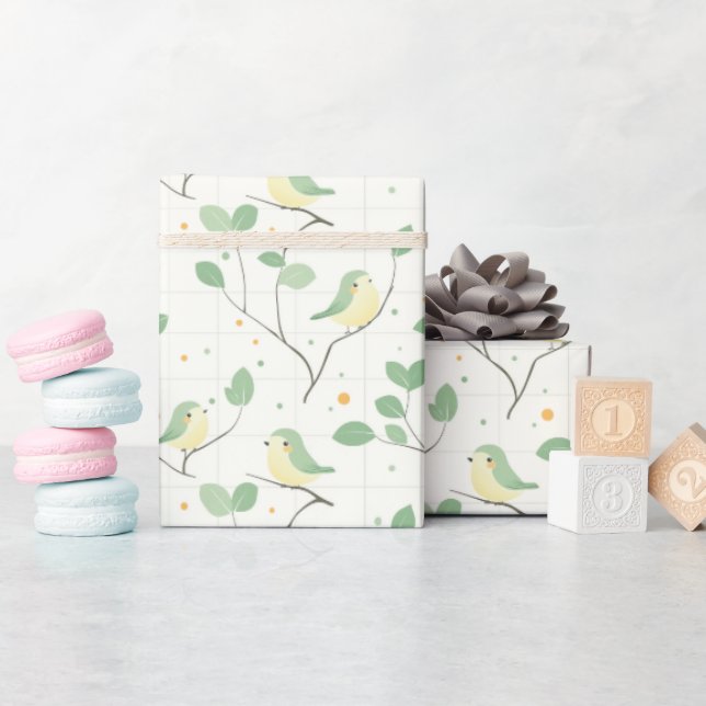 Soft Green Bird and Leaf Branch Pattern Design Wrapping Paper (Baby Shower)