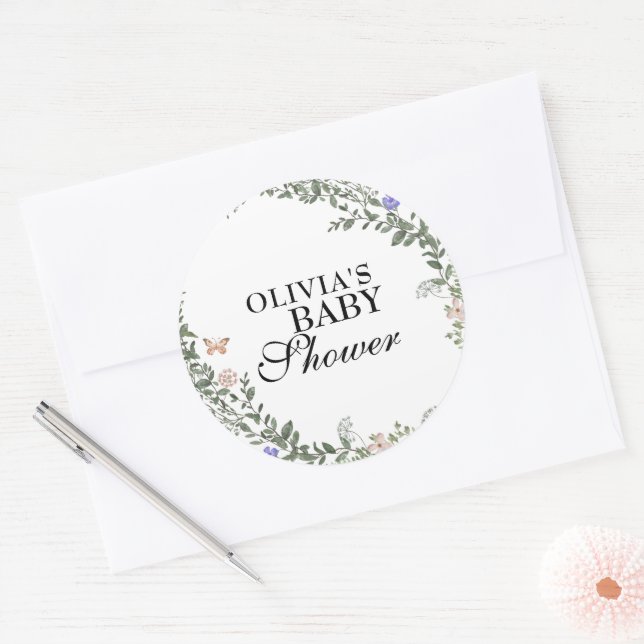 Soft Green Boho Gender Neutral Floral Baby Shower  Classic Round Sticker (Envelope)