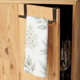 Soft Green Botanical Leaves Pattern Kitchen Towel