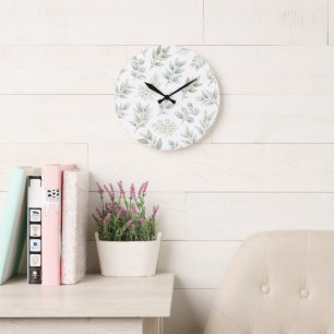Soft Green Botanical Leaves Pattern Large Clock