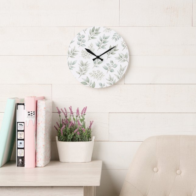 Soft Green Botanical Leaves Pattern  Large Clock (Reading Room)