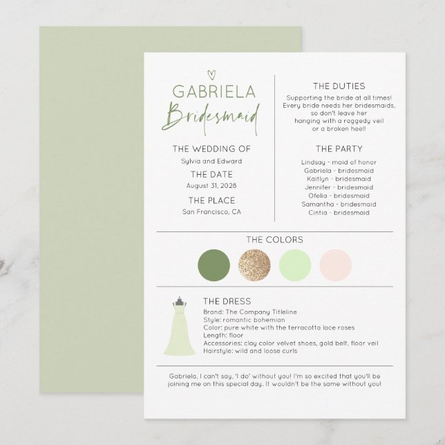 Soft Green Bridesmaid Proposal & Information (Front/Back)
