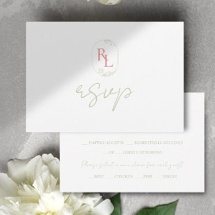Soft Green & Coral Monogram Wedding RSVP Card