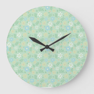 Soft Green Floral with White Blue Yellow Flowers  Large Clock