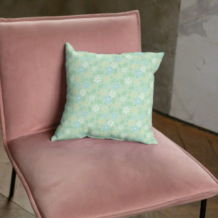 Soft Green Floral with White Blue Yellow Flowers Throw Pillow